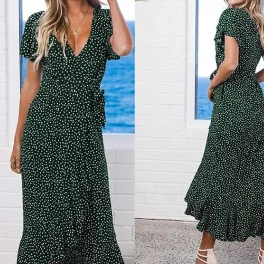 Zesica Polka Dot Ruffle Trim High Low Wrap Dress Size L